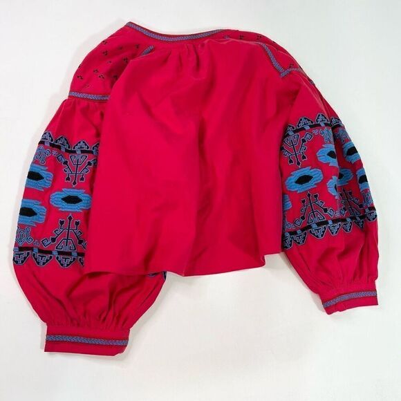 R. Vivimos Tie Front  Jacket Womens Medium Red Swingy Embroidered Aztec Bolero - Picture 8 of 9